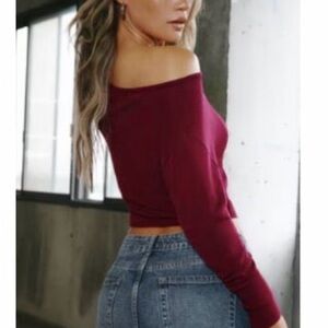 Garage Off-Shoulder Wine Sweater